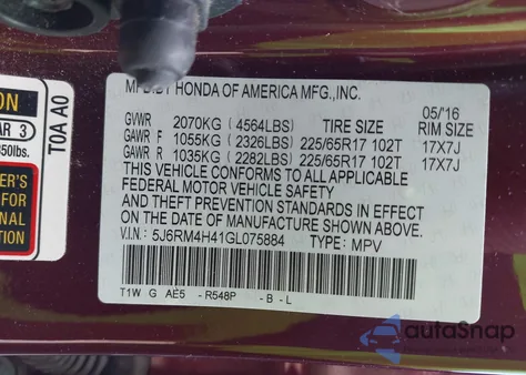 2016 Honda Cr-V Se from USA, damaged, VIN 5J6RM4H41GL075884